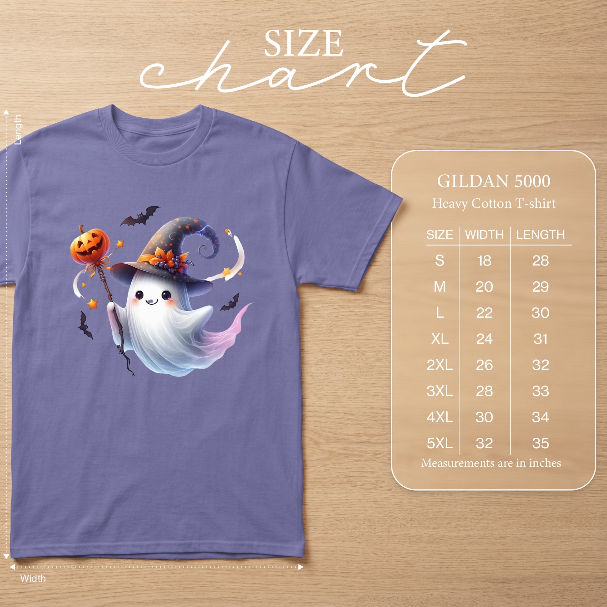 Purple Gildan 5000 t-shirt with cartoon ghost and size chart.