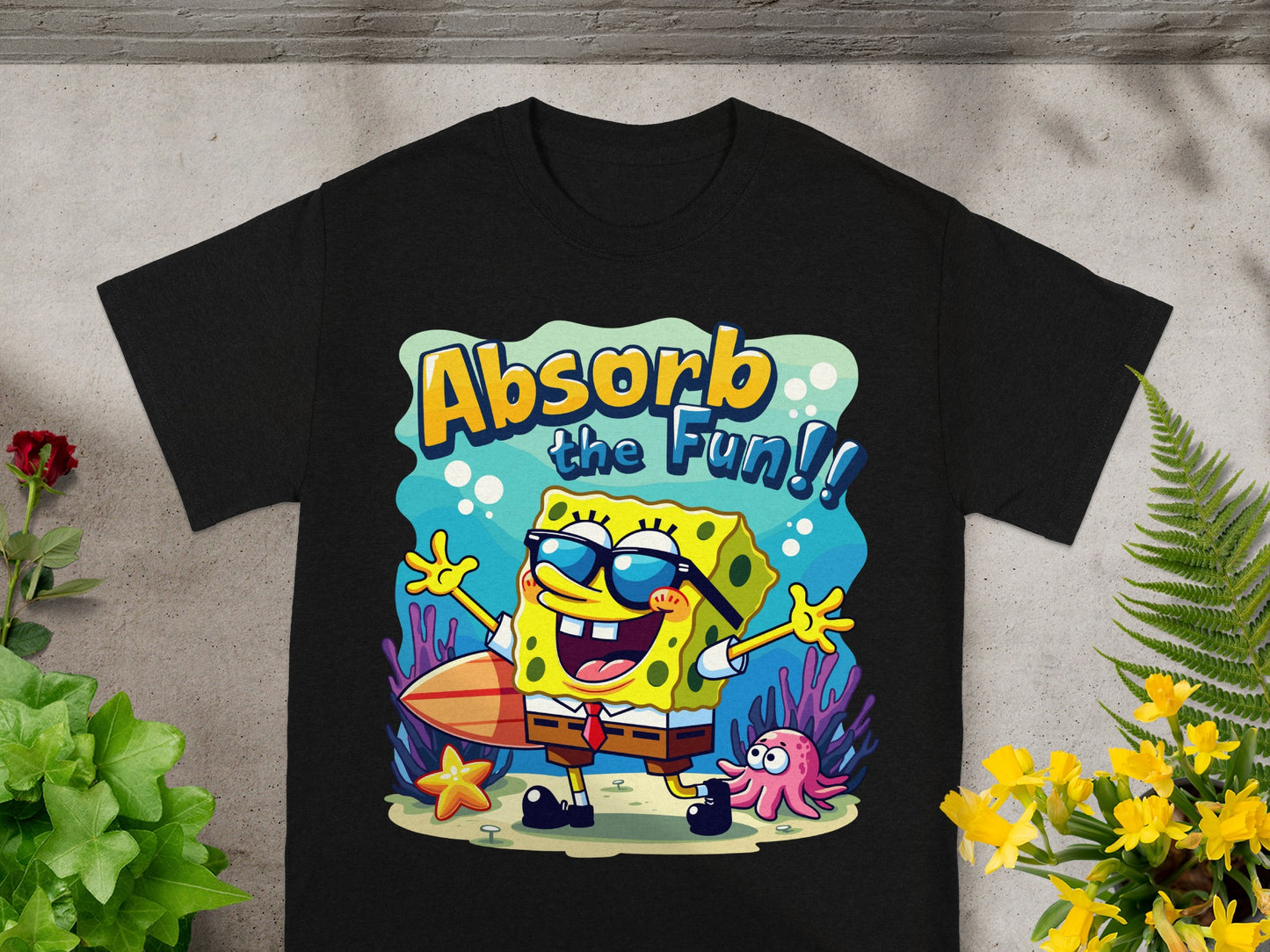 SpongeBob SquarePants with sunglasses and surfboard, text "Absorb the Fun!!".