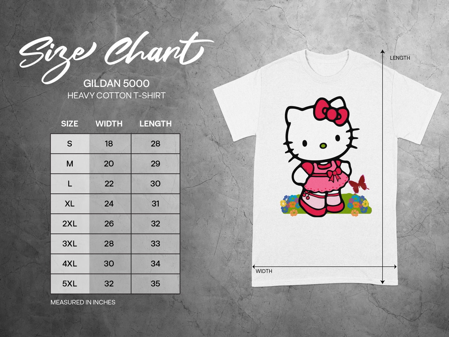 GILDAN 5000 Hello Kitty T-Shirt Size Chart Inches product type