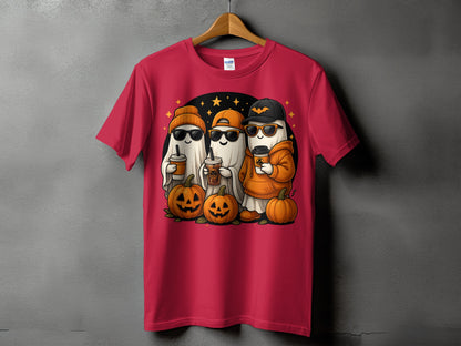 Three cartoon ghosts with sunglasses holding coffee cups and surrounded by pumpkins.
