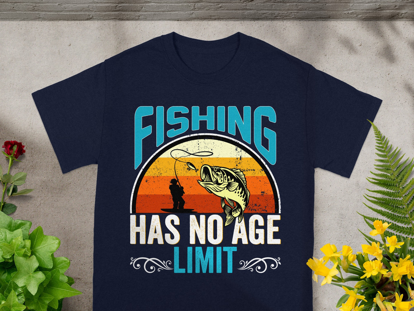 Navy t-shirt with "FISHING HAS NO AGE LIMIT" text and fishing graphic.