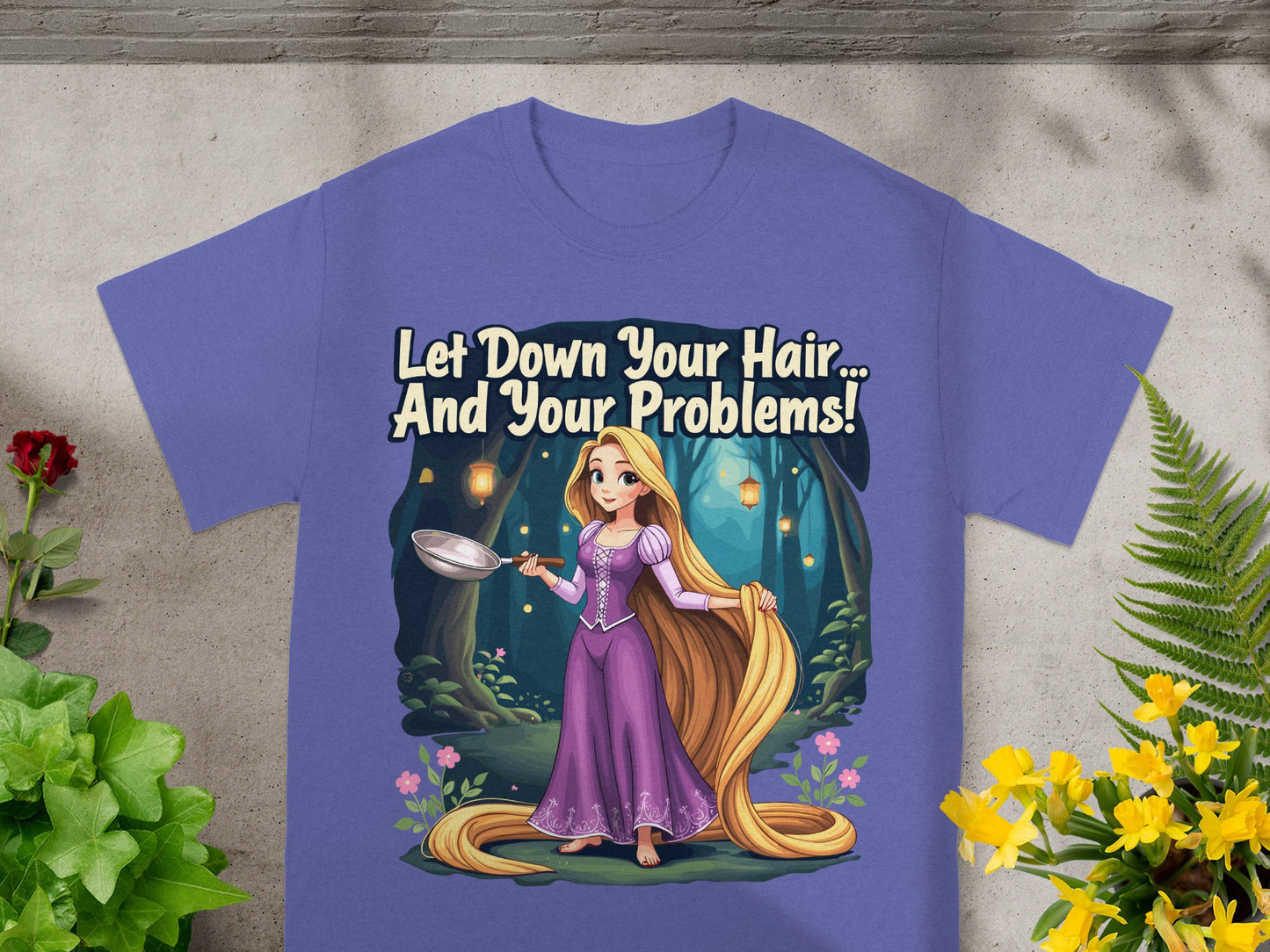 Rapunzel in purple dress lets down her hair in a forest scene, text says "Let Down Your Hair...And Your Problems!"