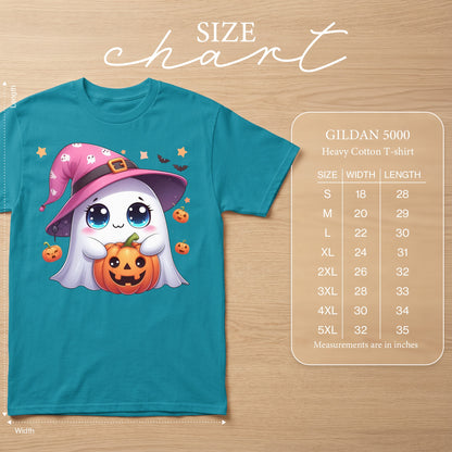 Teal t-shirt with cute ghost holding pumpkin, with size chart.