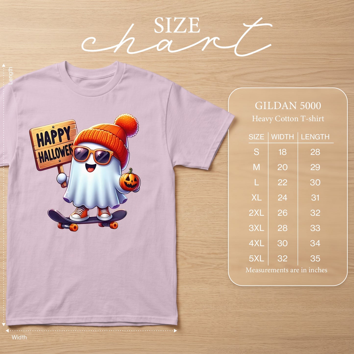 Size chart for Gildan 5000 Heavy Cotton T-shirt with ghost graphic.