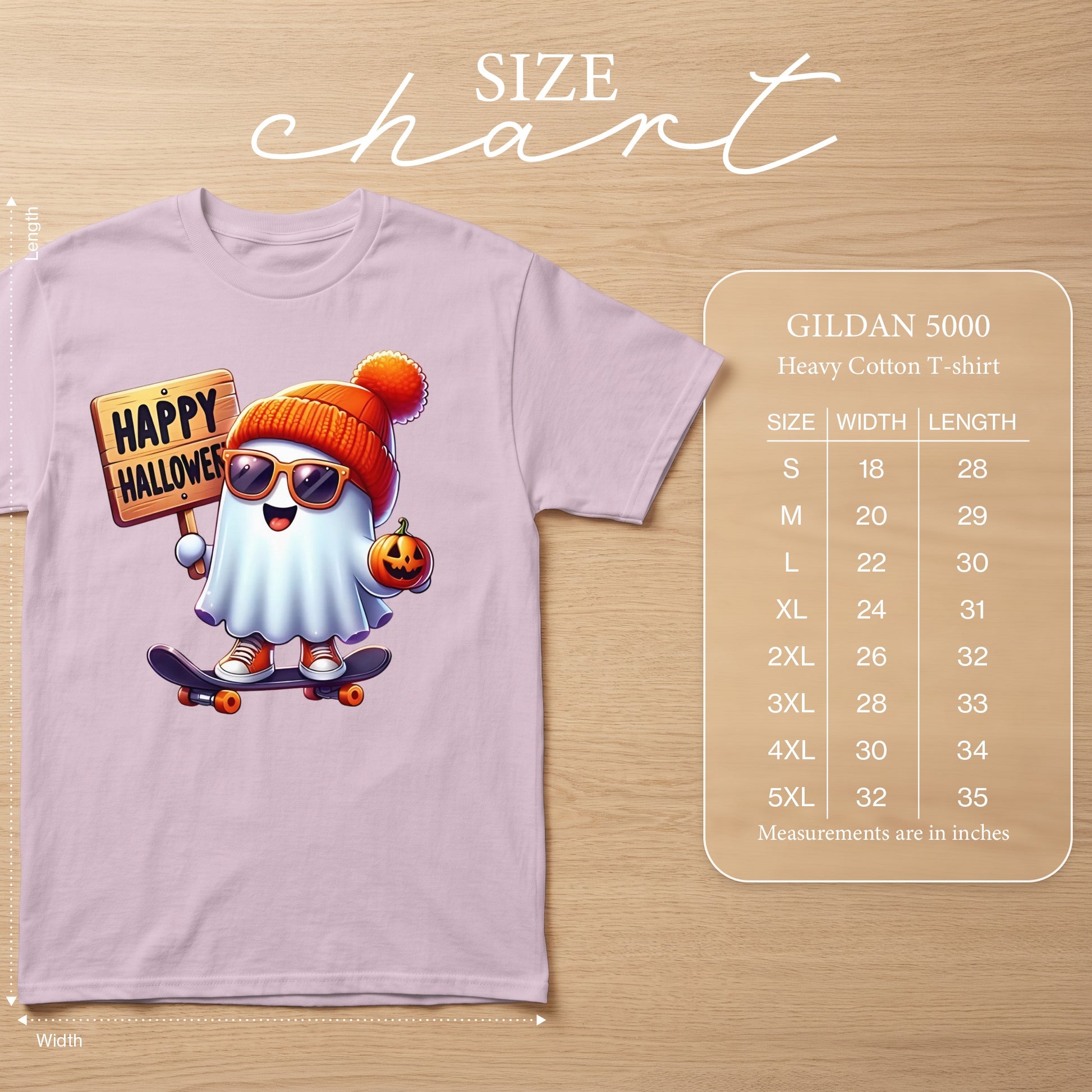 Size chart for Gildan 5000 Heavy Cotton T-shirt with ghost graphic.