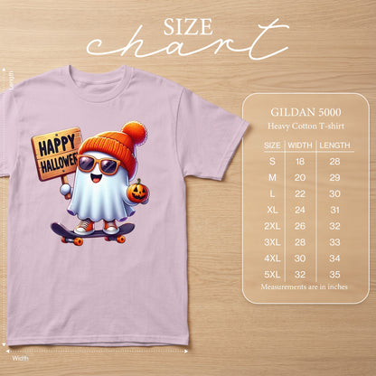 Size chart for Gildan 5000 Heavy Cotton T-shirt with ghost graphic.