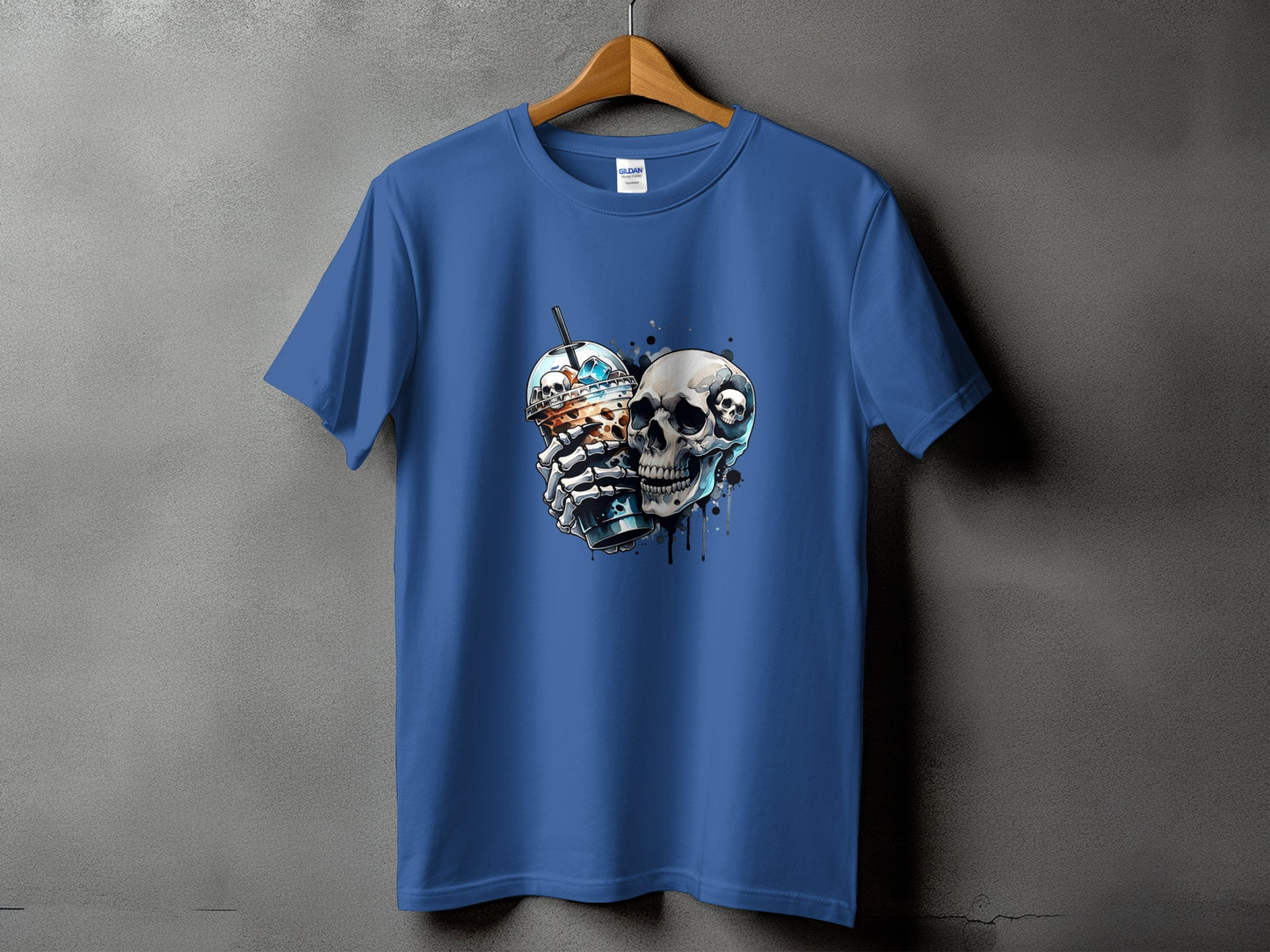 Blue t-shirt with a graphic of two skulls holding a coffee drink.