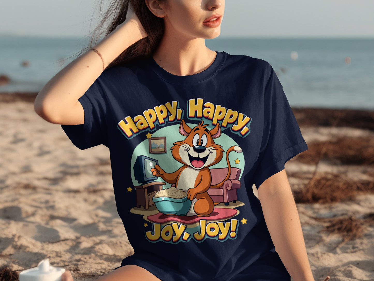 Happy Happy Joy Joy Cartoon Cat Graphic T-Shirt