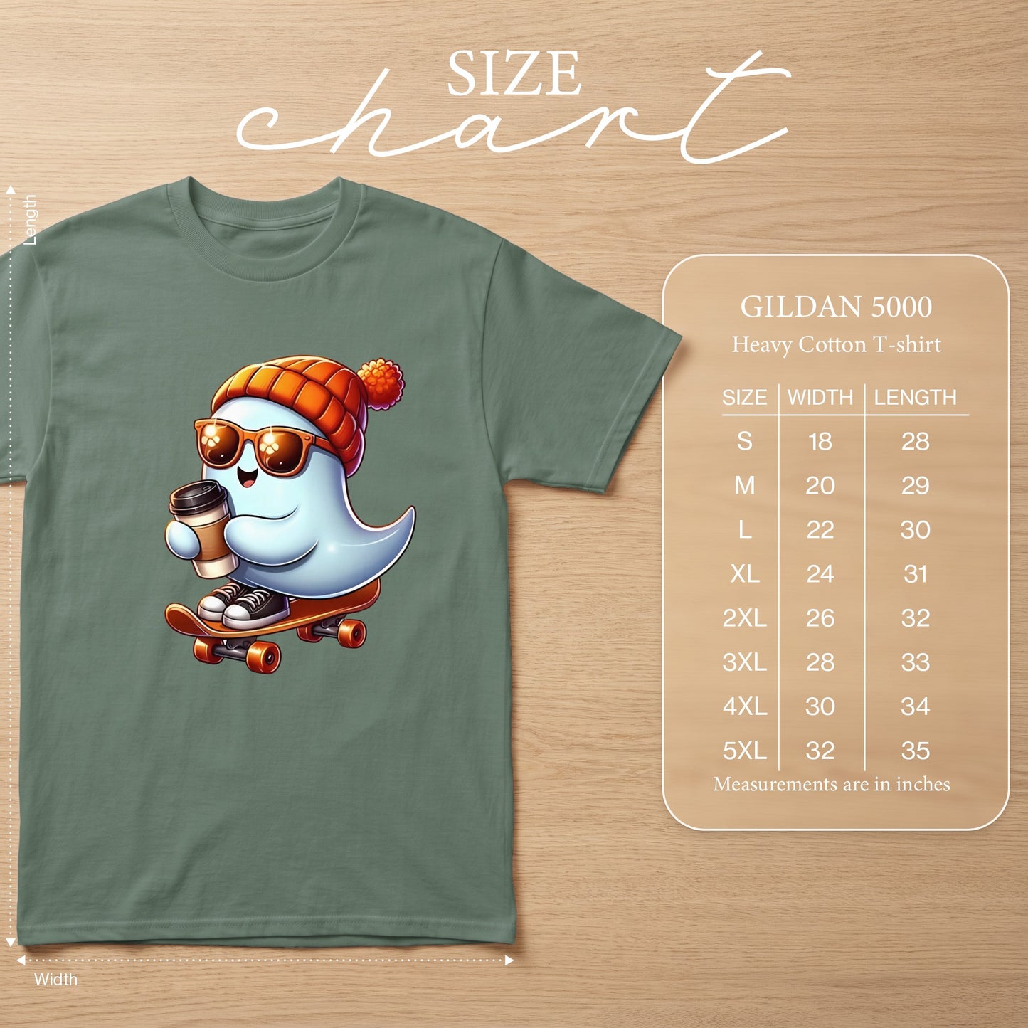 Size chart for Gildan 5000 Heavy Cotton T-shirt with ghost graphic.