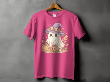 Cute ghost in witch hat with pumpkins and leaves on a pink t-shirt.