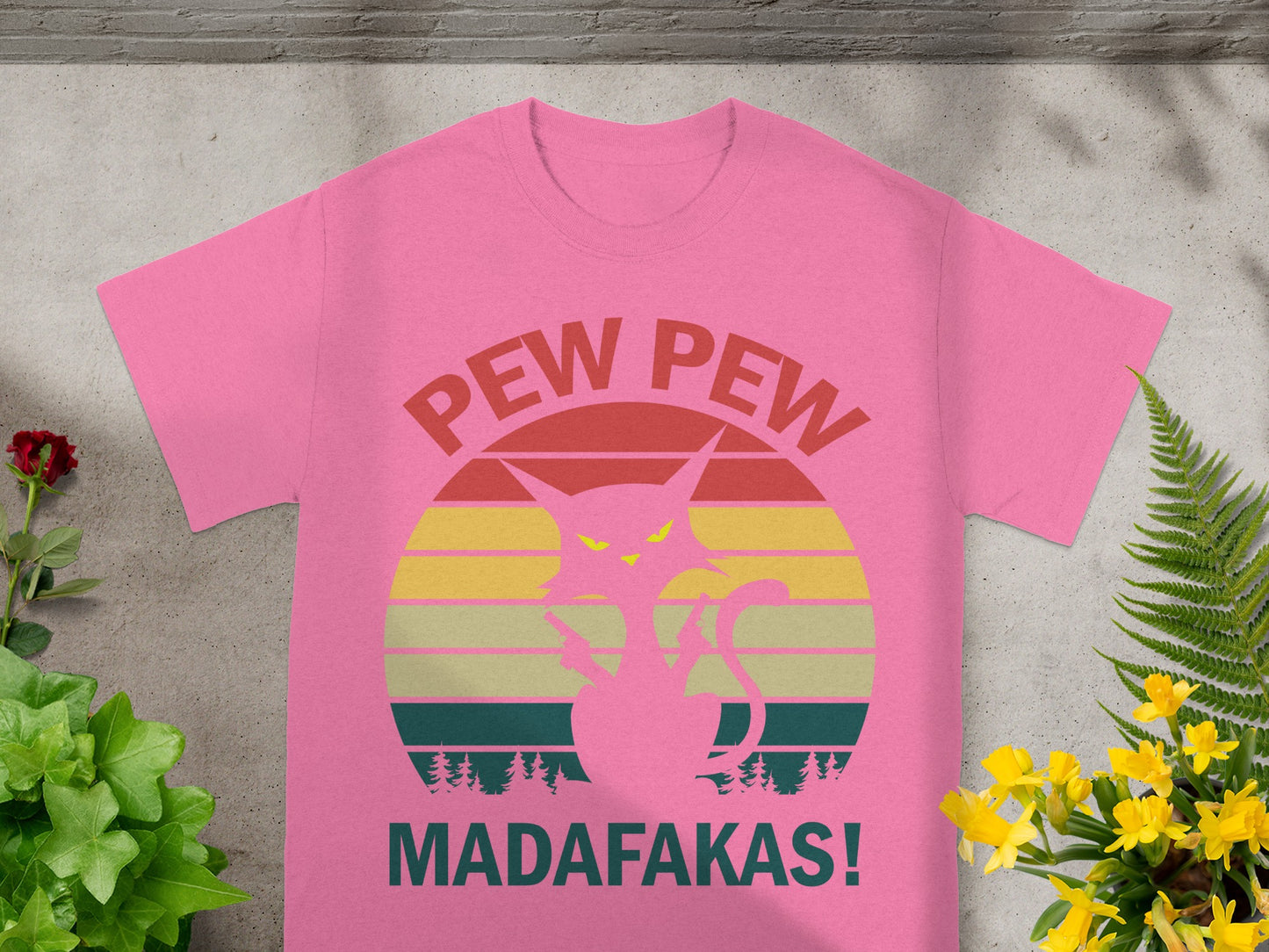 PEW PEW MADAFAKAS Cat with Gun Pink T-Shirt