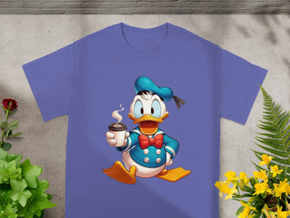 Donald Duck in sailor outfit holding coffee cup on purple t-shirt.
