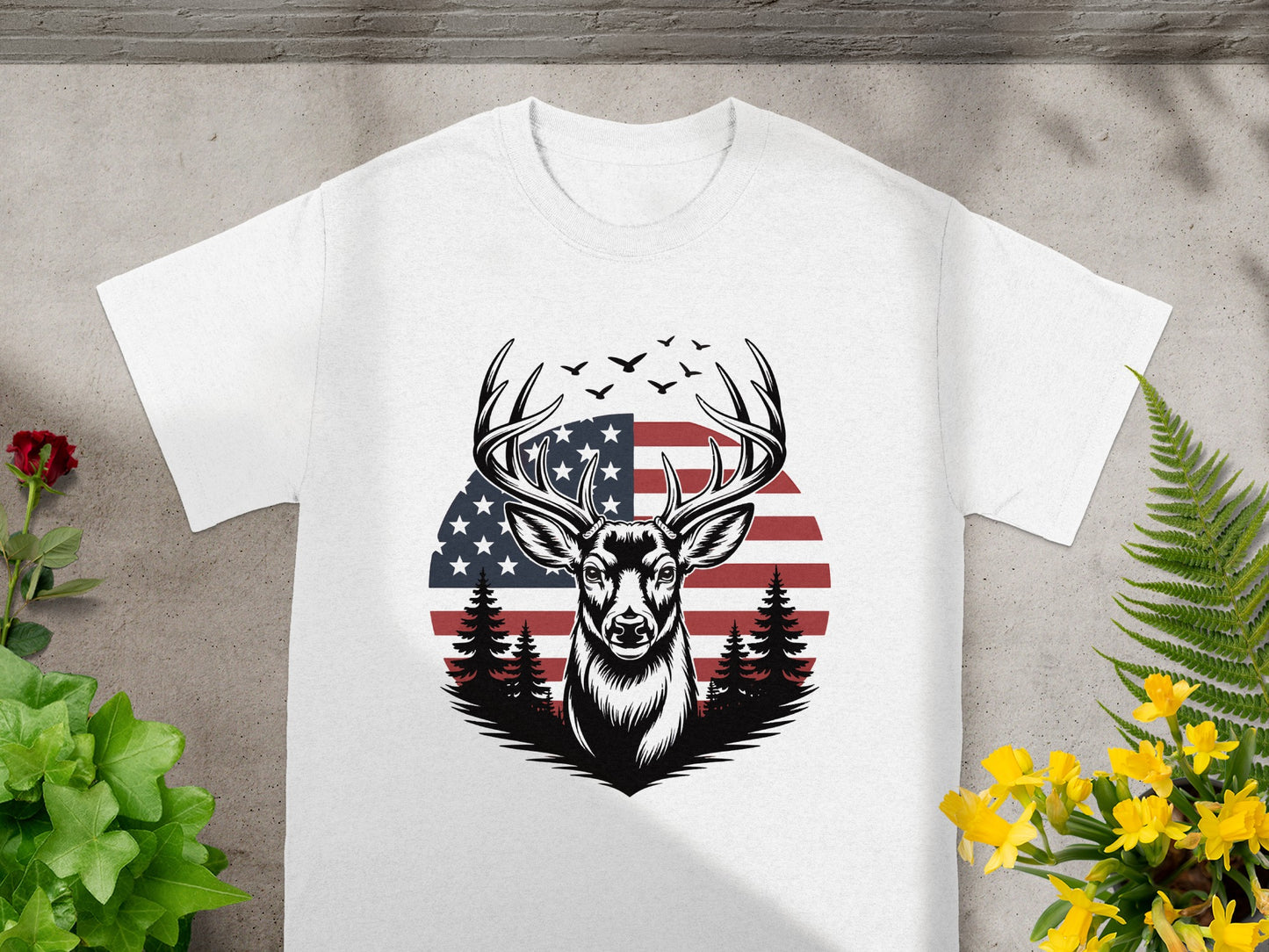 White t-shirt with buck and American flag design.