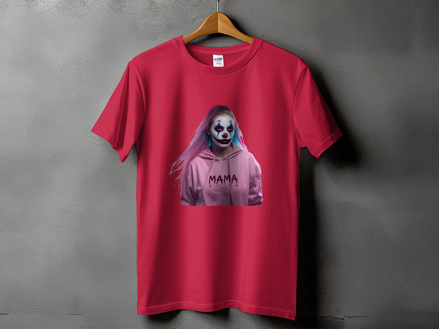 Red t-shirt with a graphic of a clown woman wearing a pink hoodie with "MAMA" text.