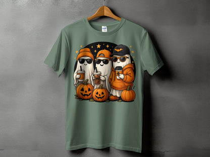 Three cartoon ghosts with sunglasses and coffee cups stand near pumpkins.
