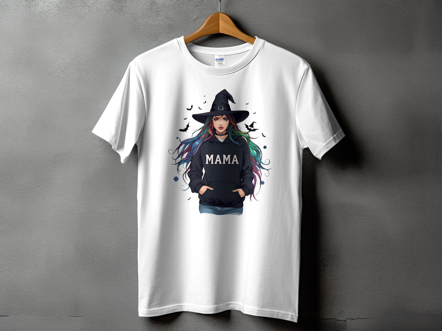 White t-shirt with a witch graphic and the word "MAMA" in a hoodie.