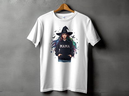White t-shirt with a witch graphic and the word "MAMA" in a hoodie.
