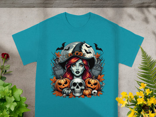 Halloween graphic featuring a witch, skull, pumpkins, bats, and gravestones.