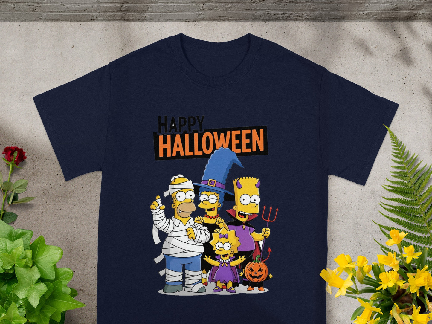 The Simpsons characters in Halloween costumes with text "Happy Halloween".