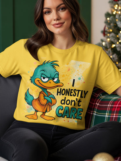 Yellow t-shirt with a cartoon duck saying "I HONESTLY DON'T CARE".