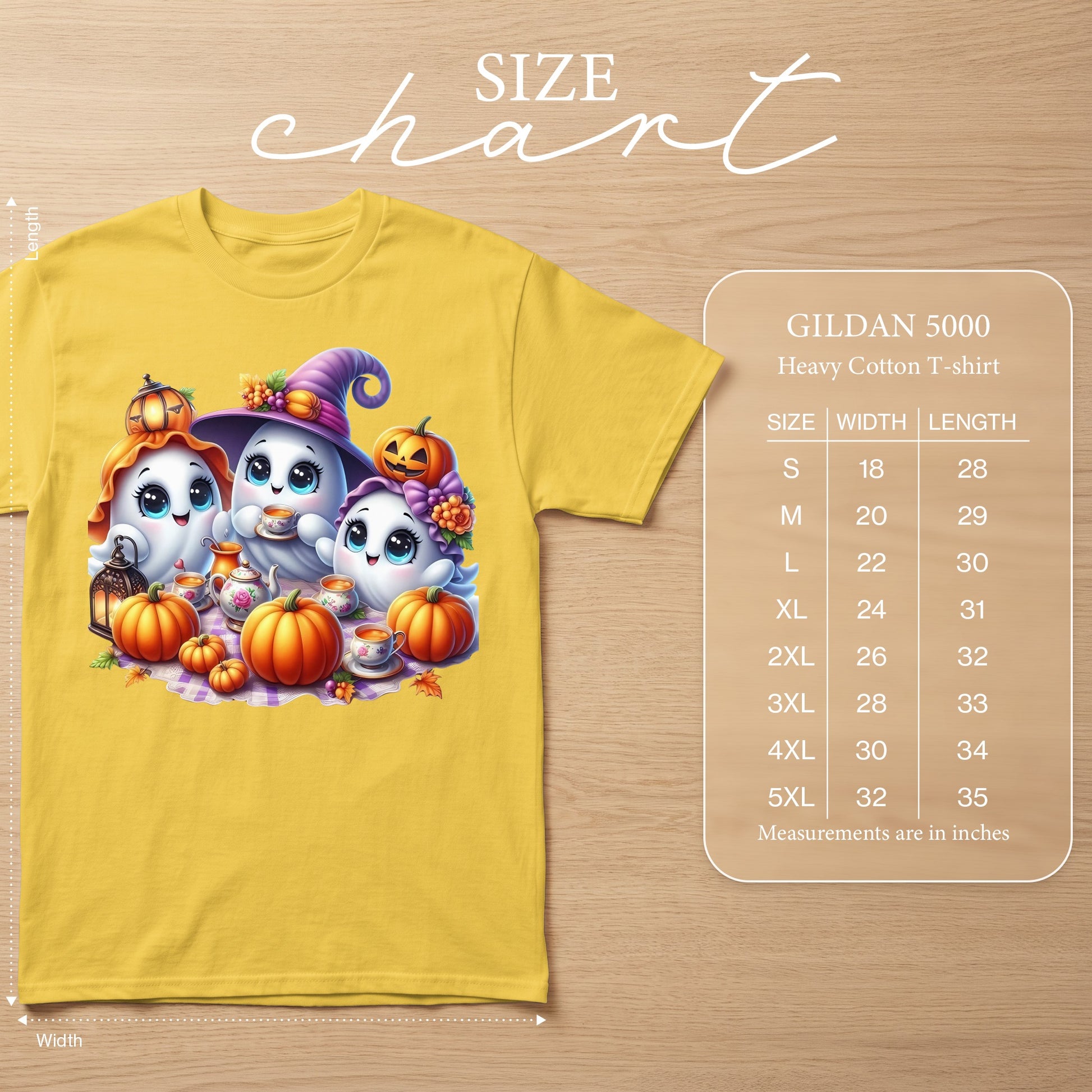 Yellow t-shirt with Halloween ghosts, pumpkins, and tea set graphic. Includes size chart.