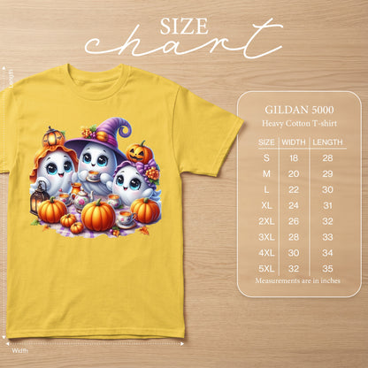 Yellow t-shirt with Halloween ghosts, pumpkins, and tea set graphic. Includes size chart.