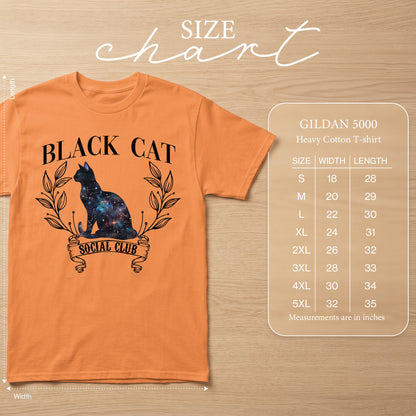 Orange t-shirt with galaxy black cat design and size chart.