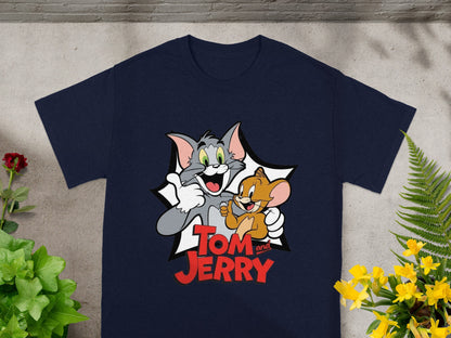 Navy t-shirt with Tom and Jerry cartoon characters in action.