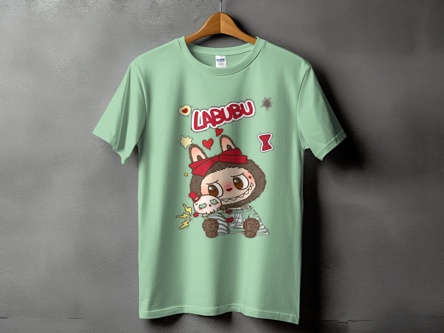 Light green t-shirt with "LABUBU" text and cartoon monster character.