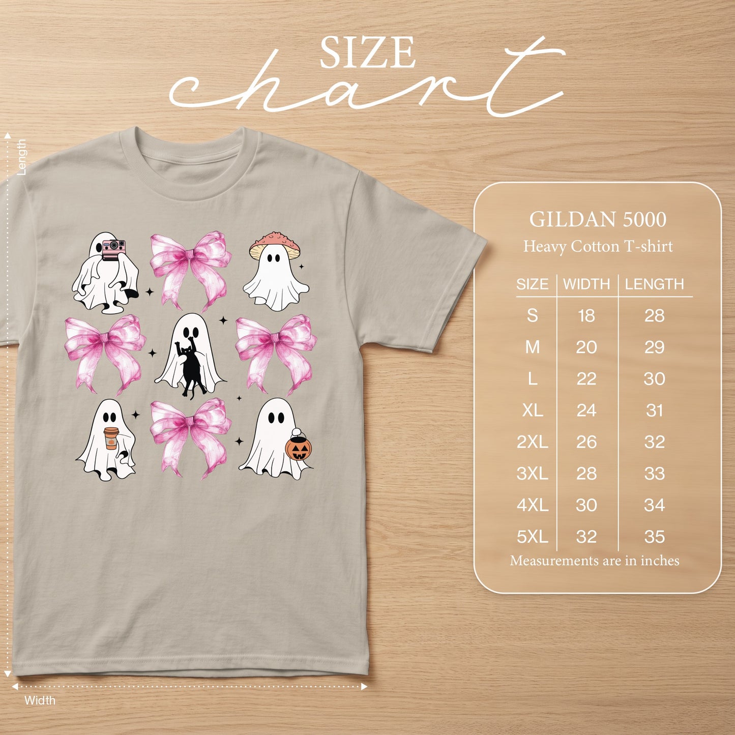 T-shirt with ghost illustrations, pink bows, and Gildan 5000 size chart.