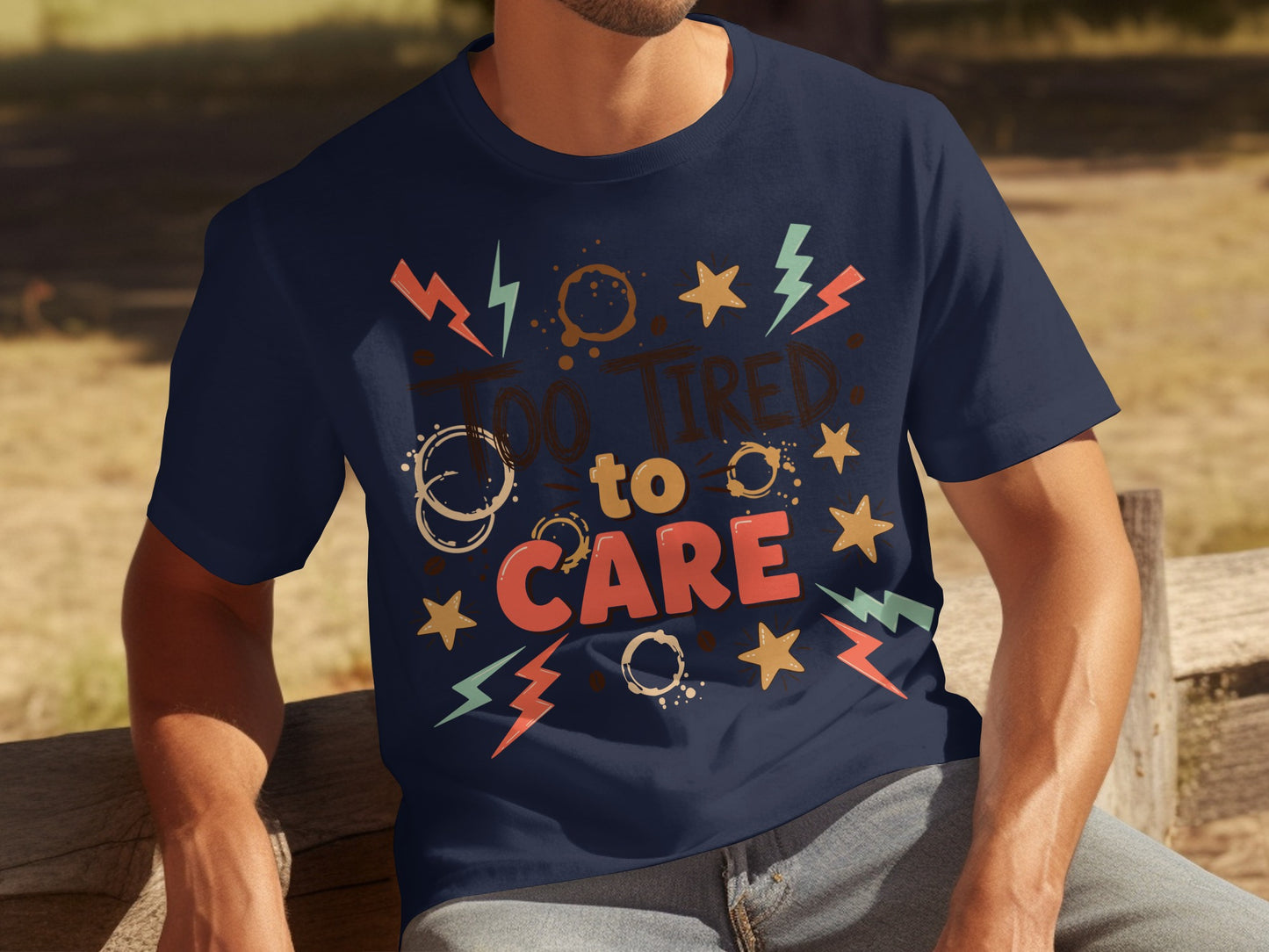 Too Tired To Care Lightning Stars Design T-Shirt