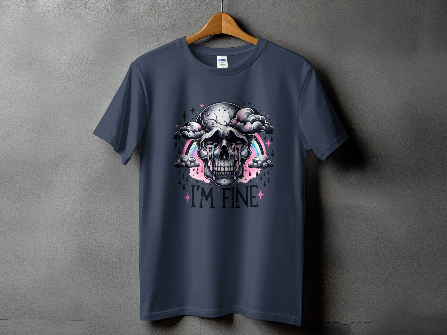 Dark blue t-shirt with a crying skull, rainbow, and "I'M FINE" text.