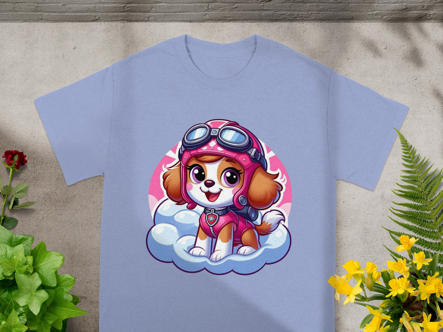 Light blue t-shirt featuring Skye from Paw Patrol on a cloud.