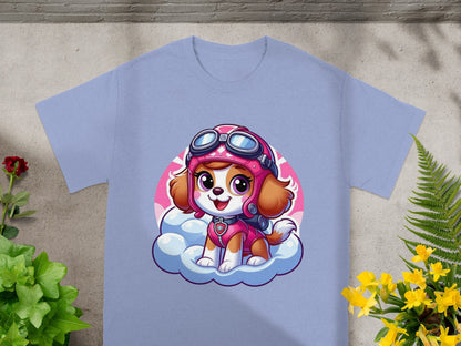 Light blue t-shirt featuring Skye from Paw Patrol on a cloud.