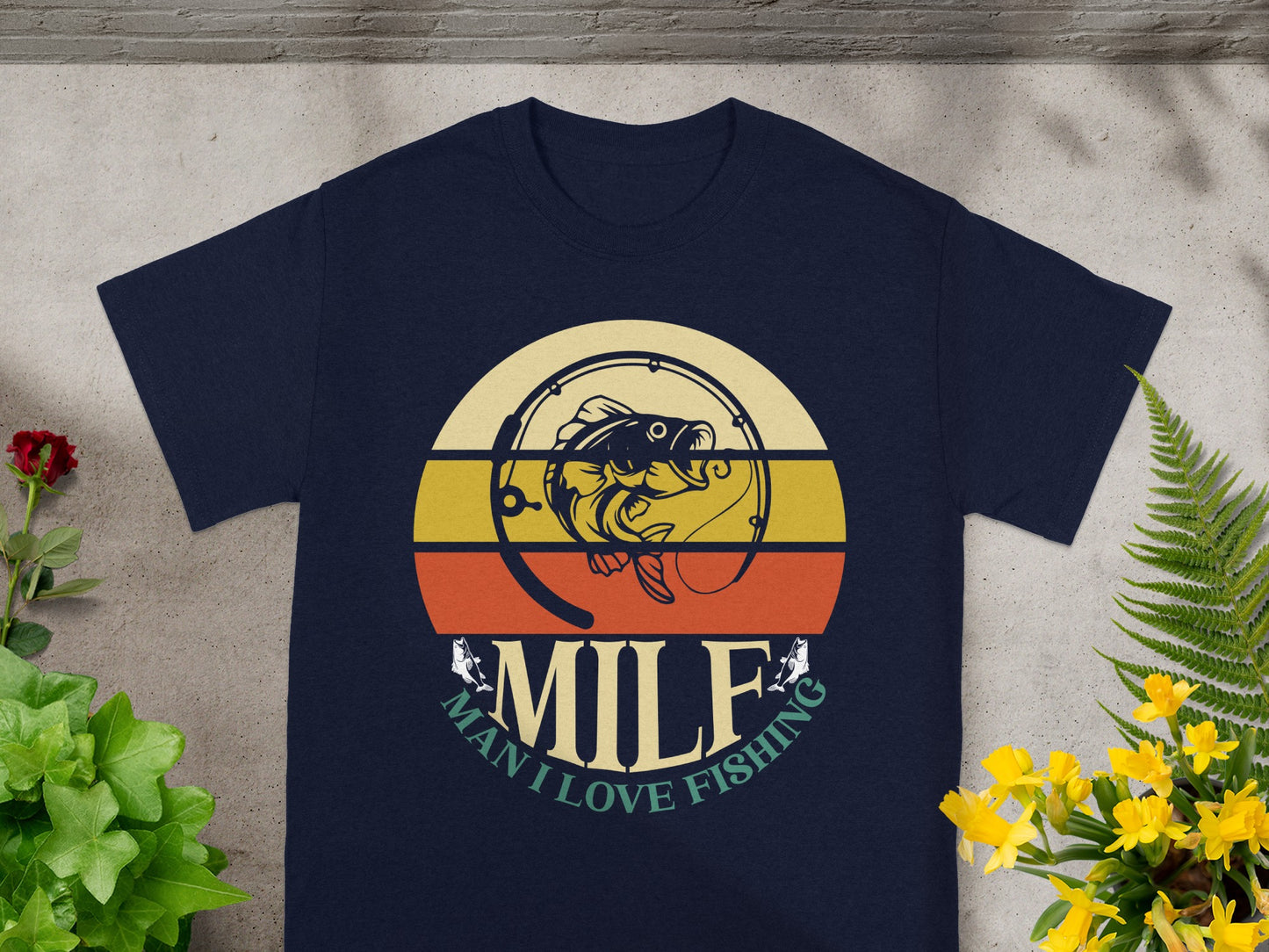 Navy t-shirt graphic with fish and text MILF Man I Love Fishing.