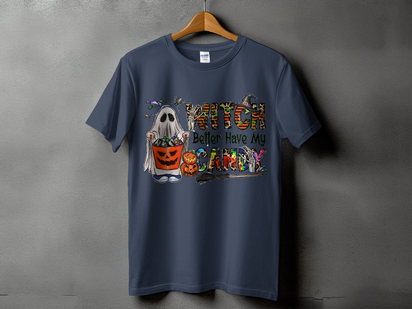 Ghost holding candy bucket with text "Witch Better Have My Candy."