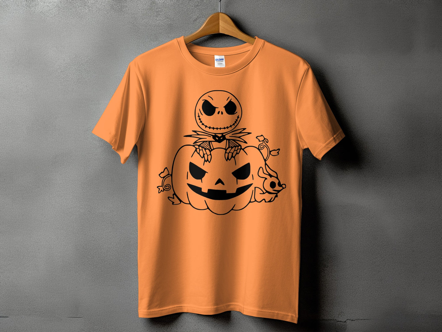 Orange t-shirt with black Jack Skellington and pumpkin graphic.