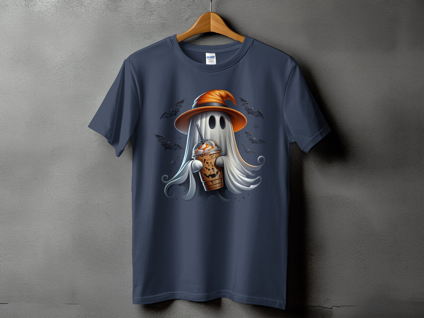 Ghost wearing witch hat holding pumpkin spice latte, bats in background.