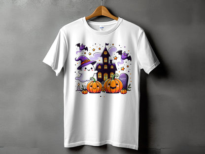 White t-shirt with cute Halloween graphic featuring ghost, pumpkins, haunted house, and bats.