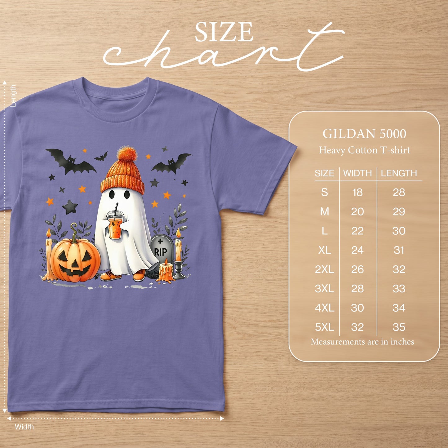 Ghost wearing pumpkin hat, holding drink, with pumpkin and bats, and size chart.