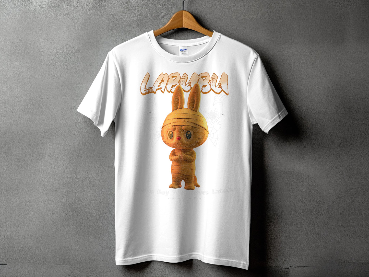 White t-shirt with mummy bunny character and "LAPABUBU" text.