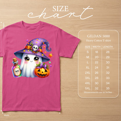 Pink t-shirt with cute cartoon ghost wearing witch hat, holding potion and pumpkin, with size chart.