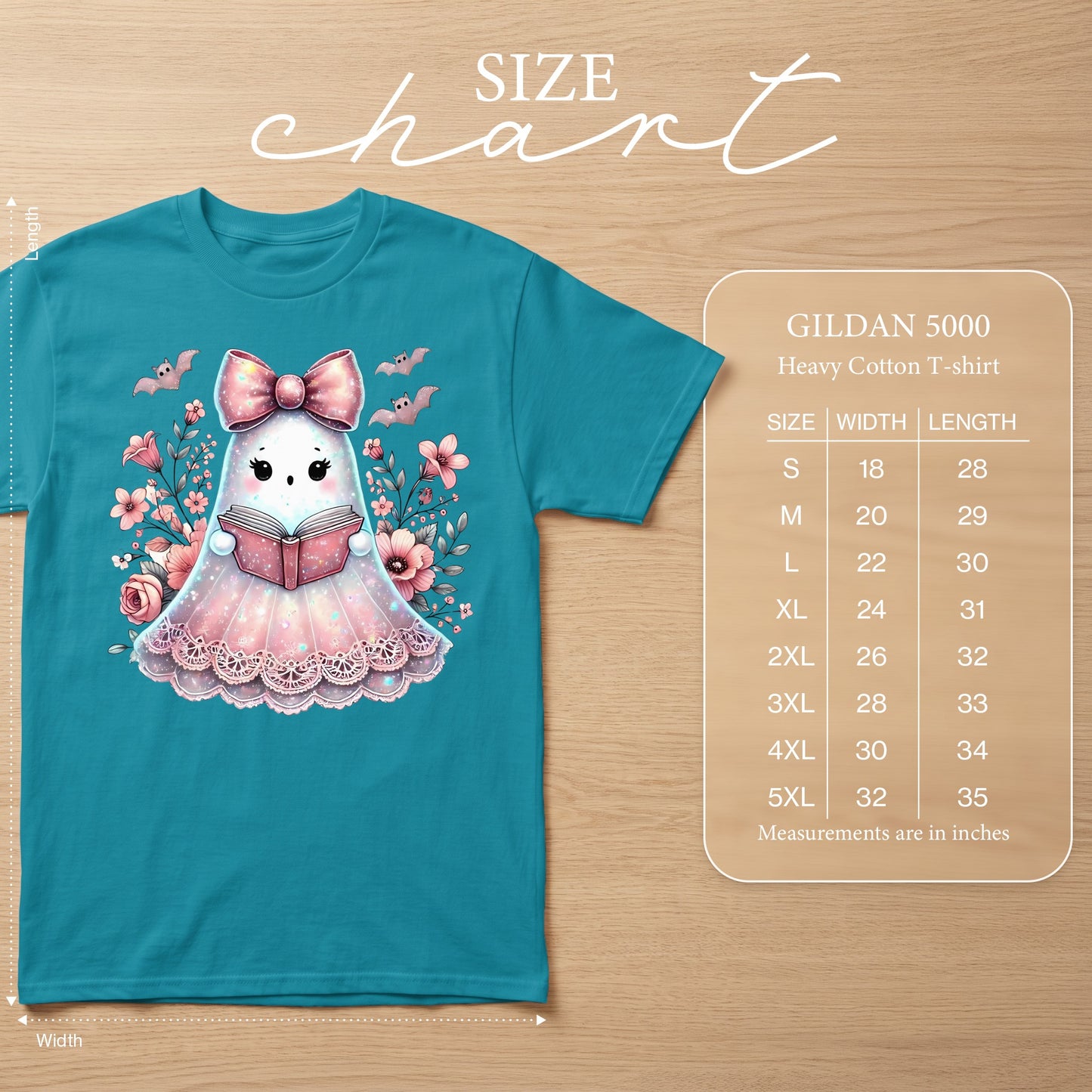 Teal t-shirt with ghost reading a book and size chart with measurements in inches.