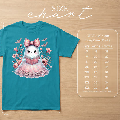 Teal t-shirt with ghost reading a book and size chart with measurements in inches.
