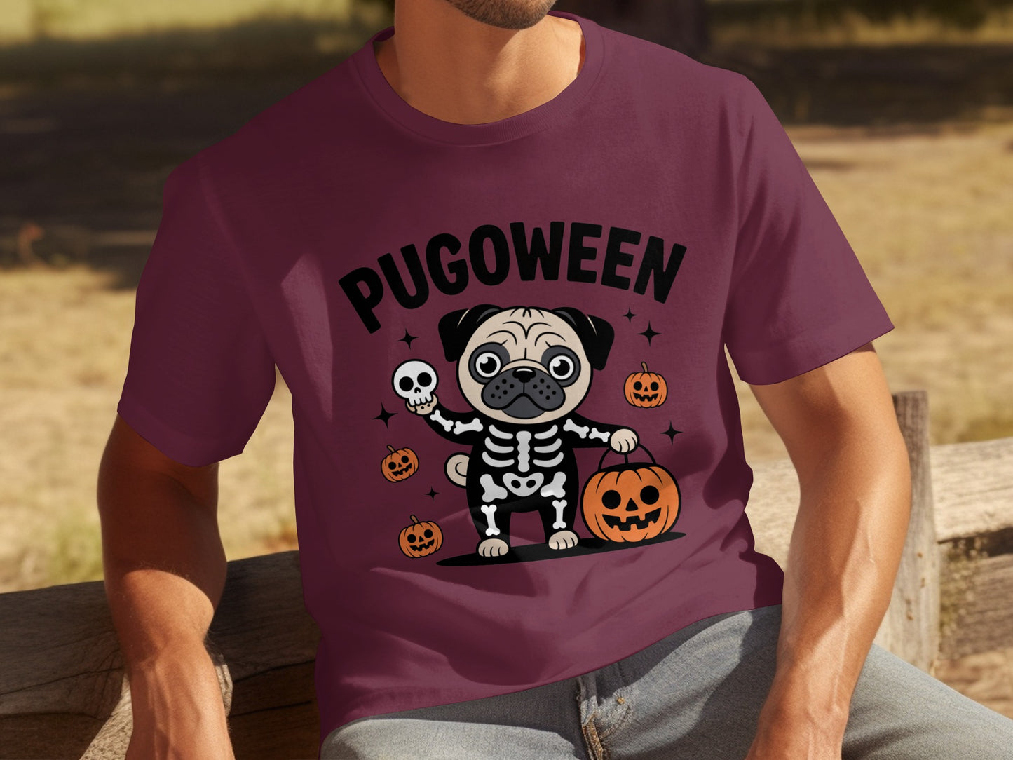 Pugoween Skeleton Dog Holding Skull and Pumpkin Shirt