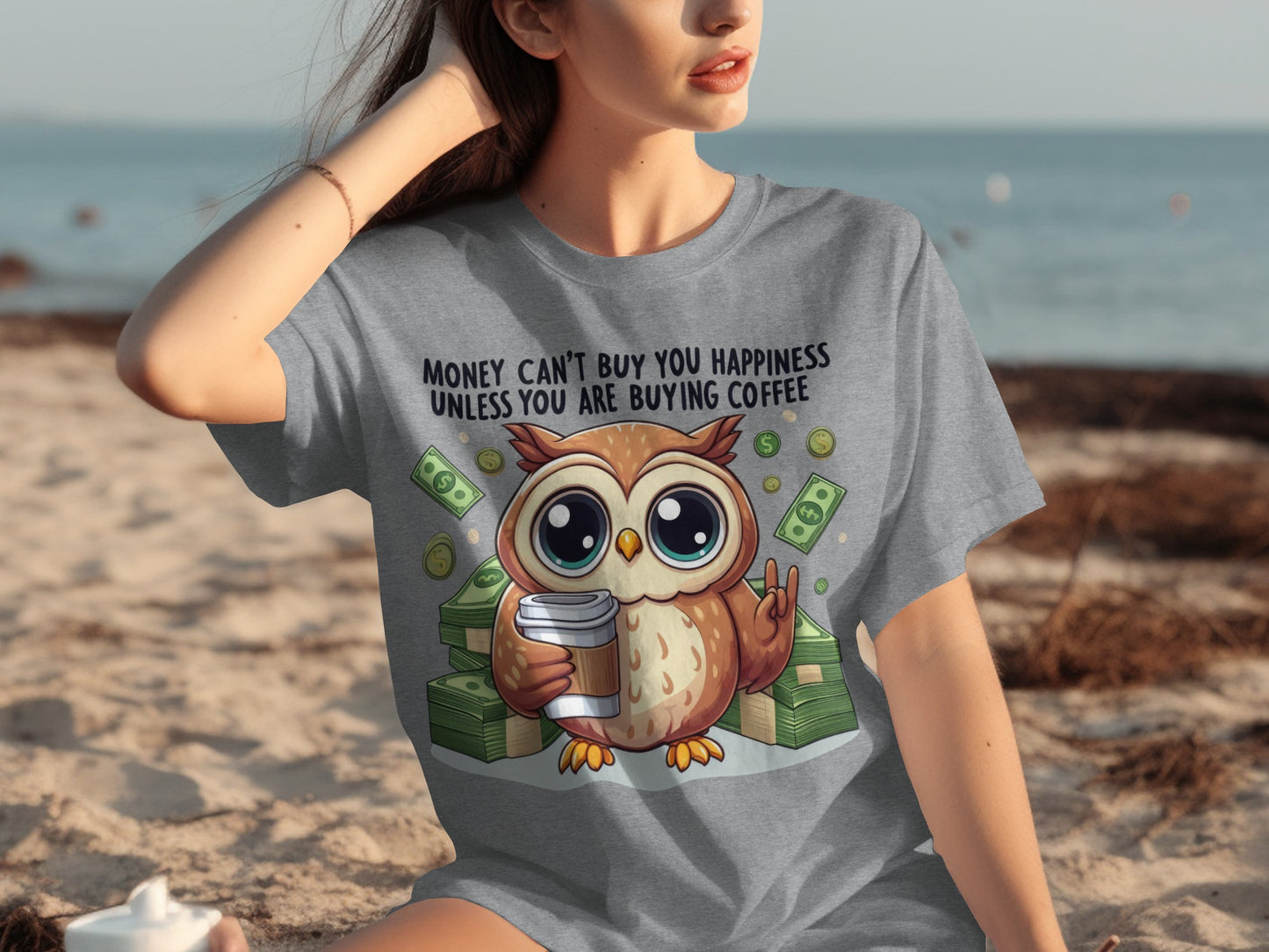 Money Can't Buy Happiness Owl Graphic T-Shirt