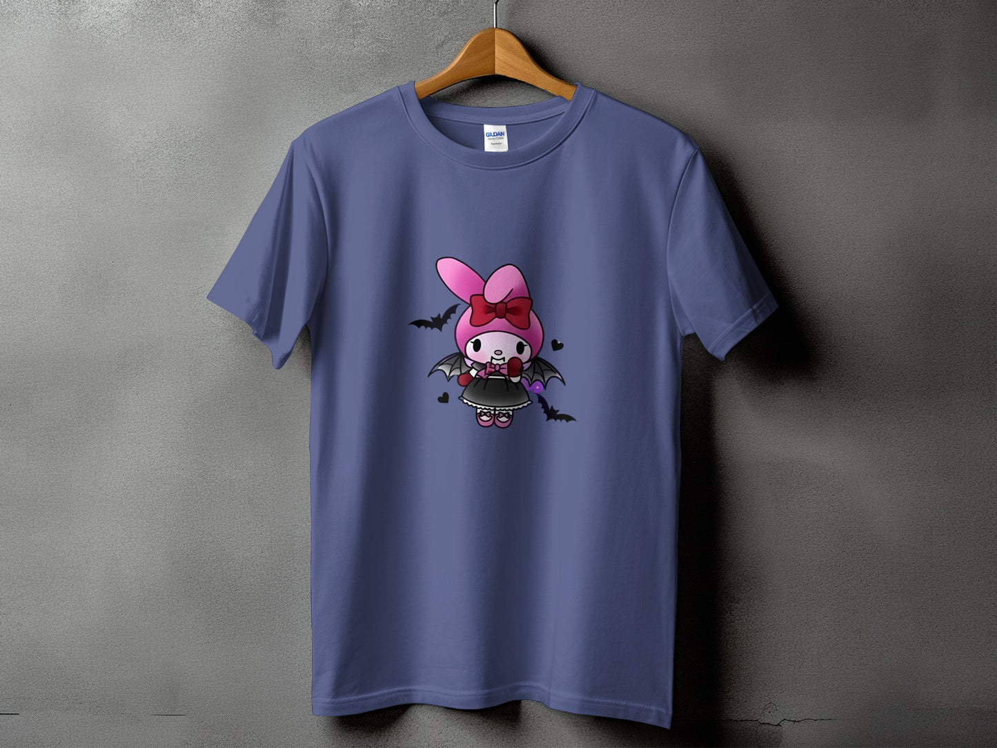 Purple t-shirt with a Gothic cartoon bunny character and bats graphic.