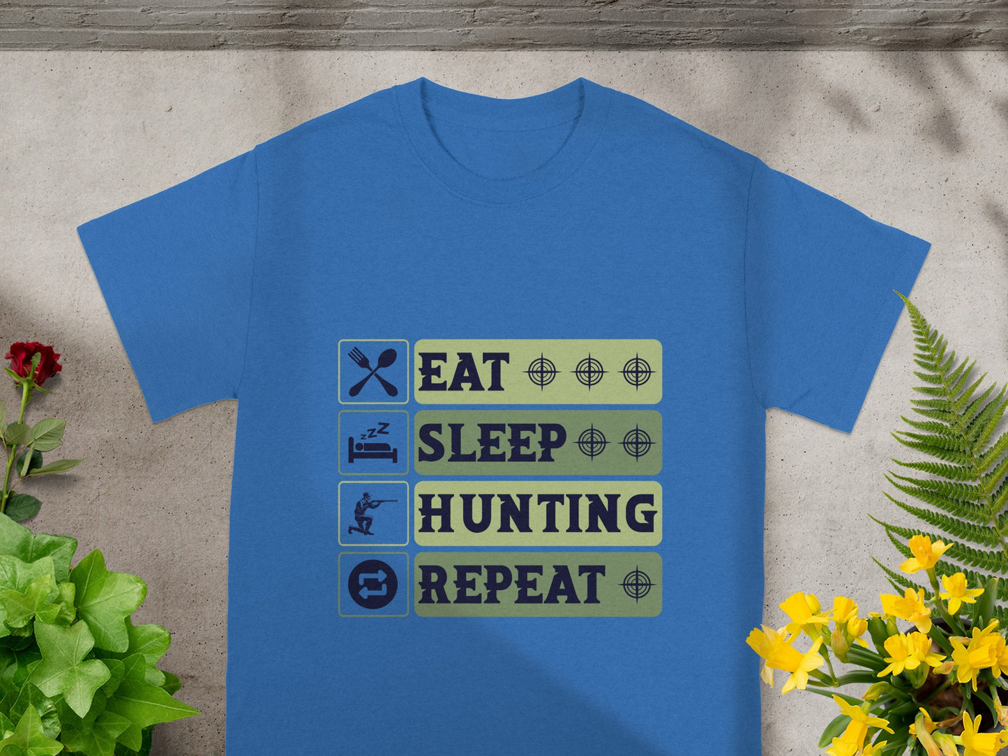 Blue t-shirt with "Eat, Sleep, Hunting, Repeat" text and icons.