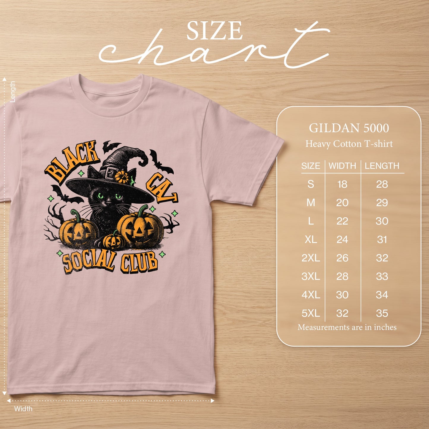 Pink t-shirt with black cat, pumpkins, and text "Black Cat Social Club". Size chart included.