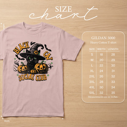 Pink t-shirt with black cat, pumpkins, and text "Black Cat Social Club". Size chart included.